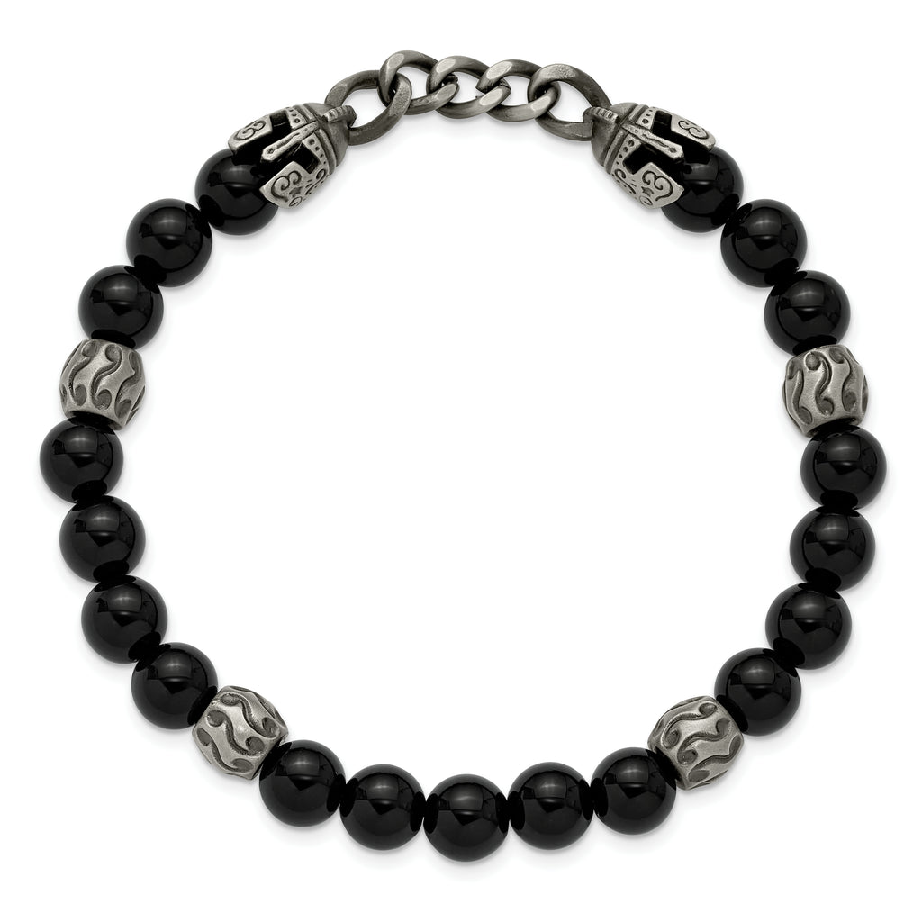 Antiqued Black Agate Stainless Steel Bracelet 8mm