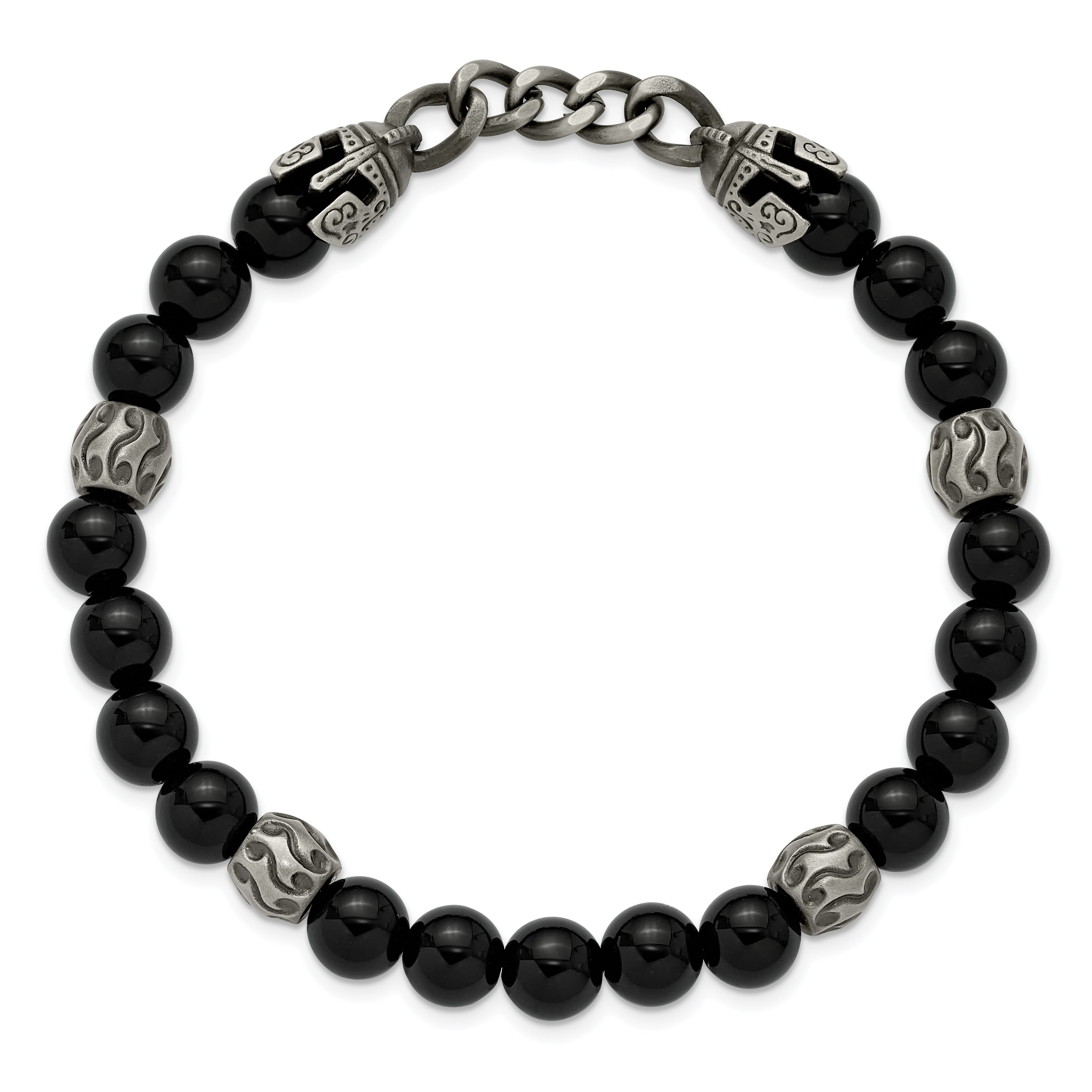 Antiqued Black Agate Stainless Steel Bracelet 8mm