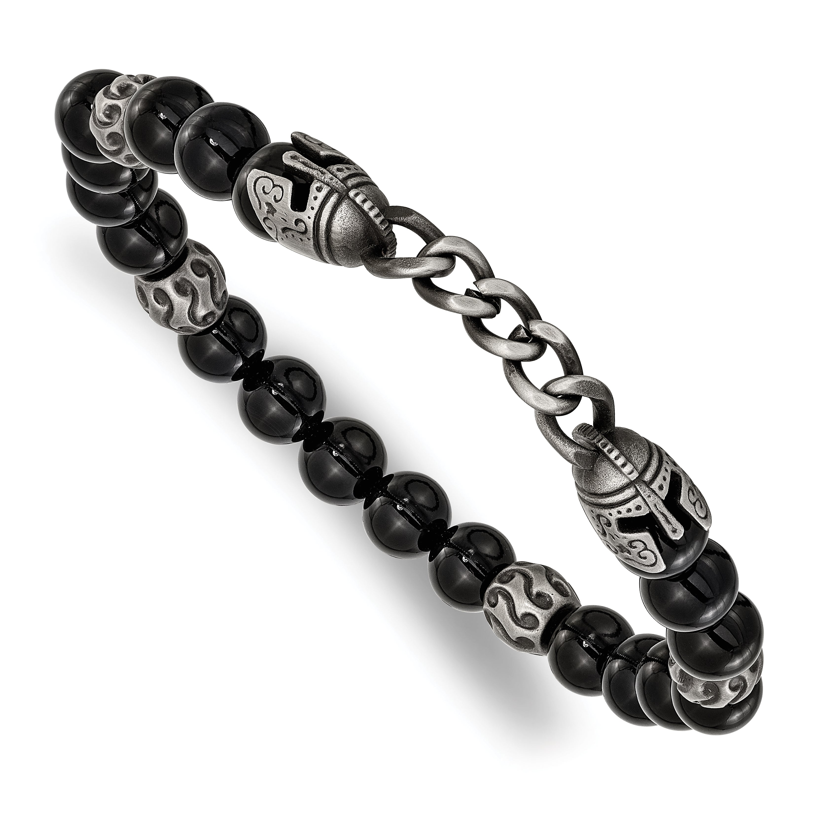 Antiqued Black Agate Stainless Steel Bracelet 8mm