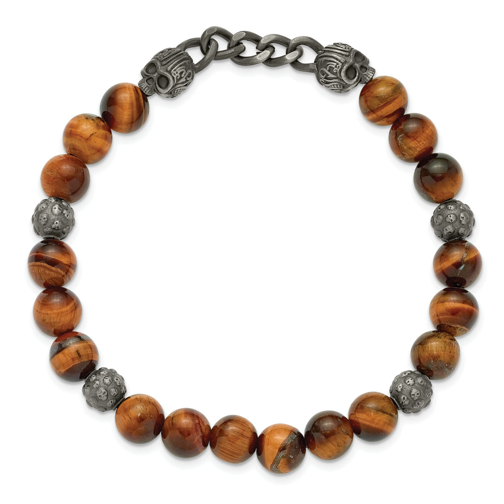 Antiqued Brown Tiger's Eye Skull Stainless Steel Bracelet 8mm