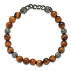 Antiqued Brown Tiger's Eye Skull Stainless Steel Bracelet 8mm