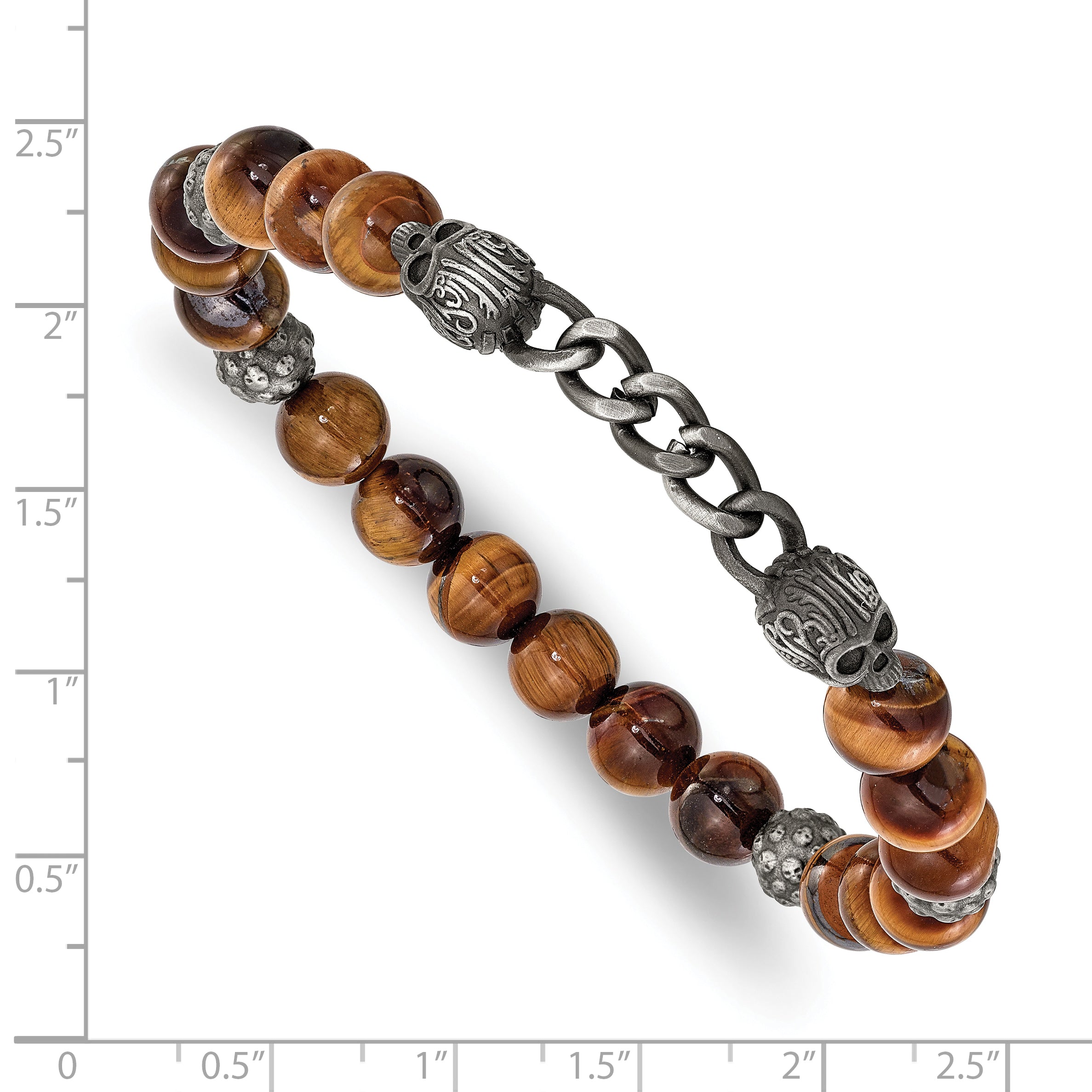 Antiqued Brown Tiger's Eye Skull Stainless Steel Bracelet 8mm