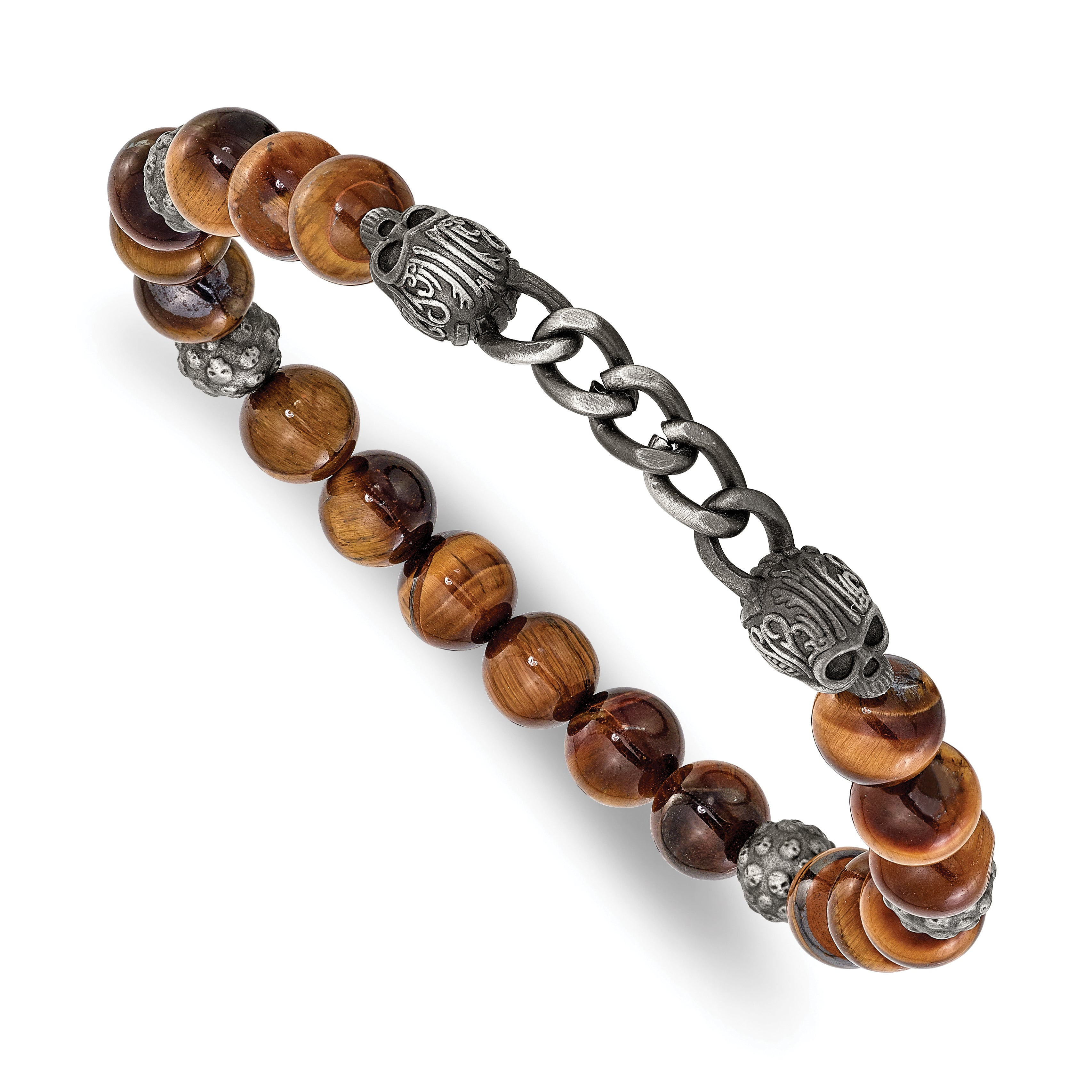 Antiqued Brown Tiger's Eye Skull Stainless Steel Bracelet 8mm