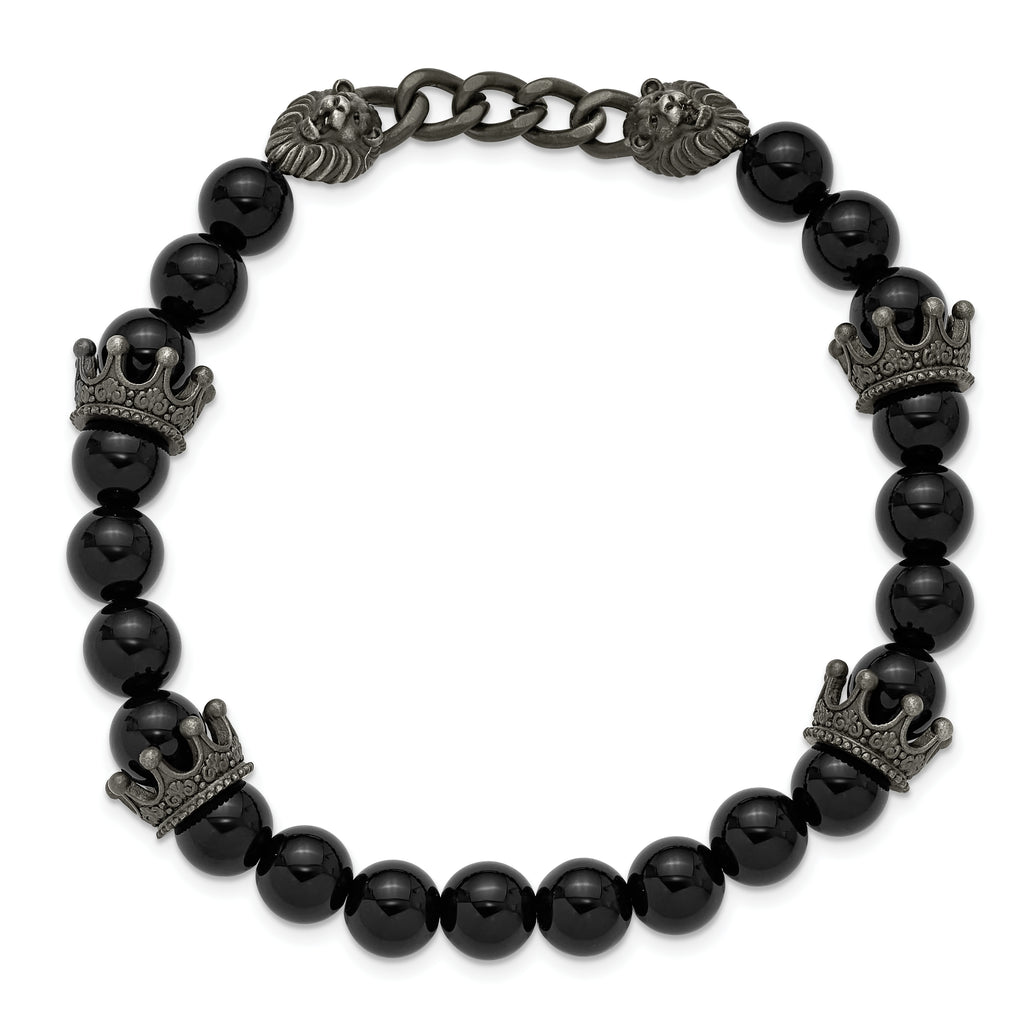 Antiqued Black Agate Crown Stainless Steel Bracelet 8mm