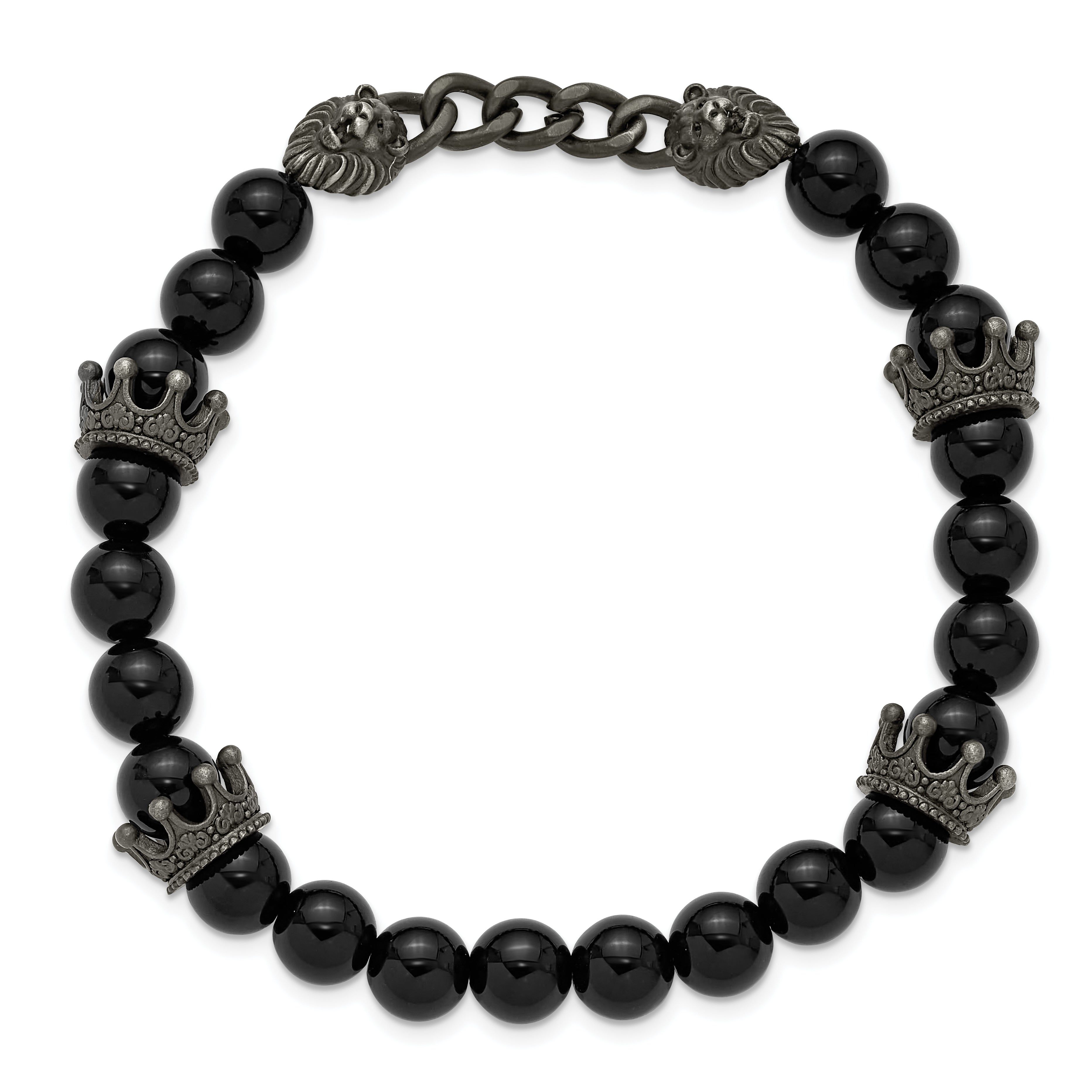 Antiqued Black Agate Crown Stainless Steel Bracelet 8mm