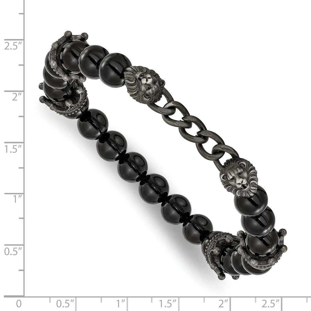 Antiqued Black Agate Crown Stainless Steel Bracelet 8mm