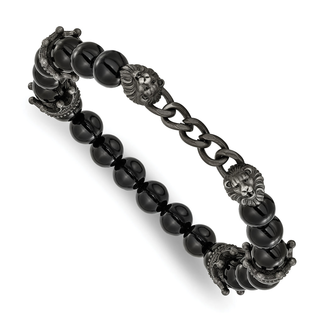 Antiqued Black Agate Crown Stainless Steel Bracelet 8mm