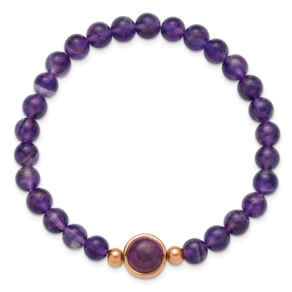 Rose-Tone Polished Purple Amethyst Stainless Steel Bracelet 7mm