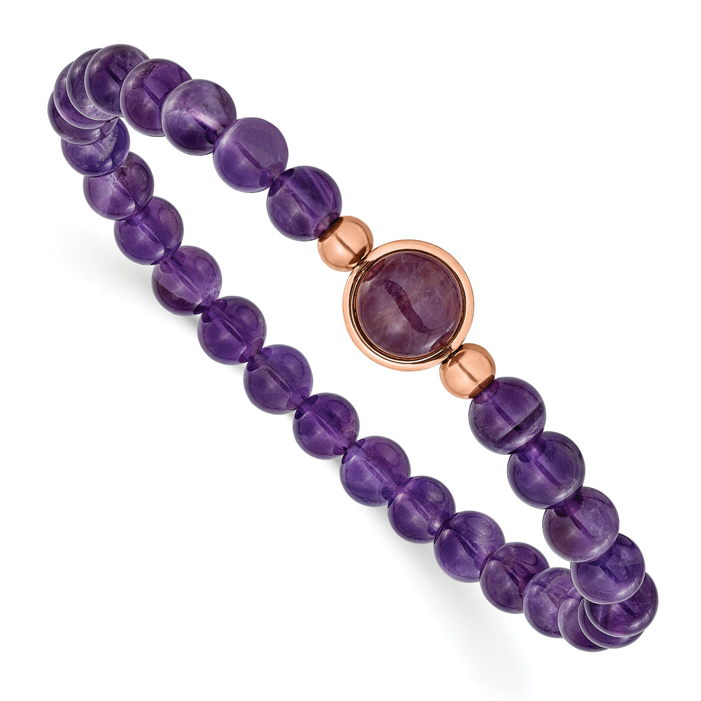 Rose-Tone Polished Purple Amethyst Stainless Steel Bracelet 7mm