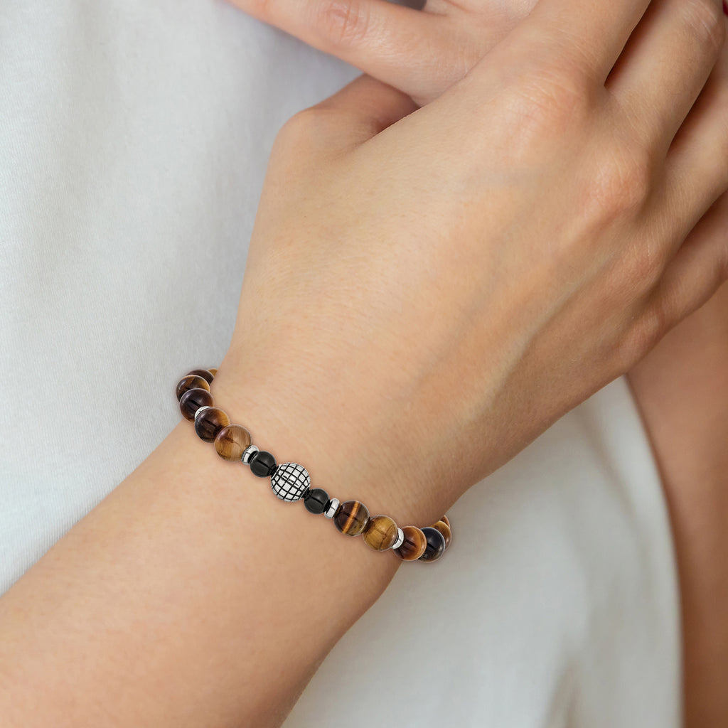 Antiqued Black Agate Stainless Steel Bracelet 8mm 7in