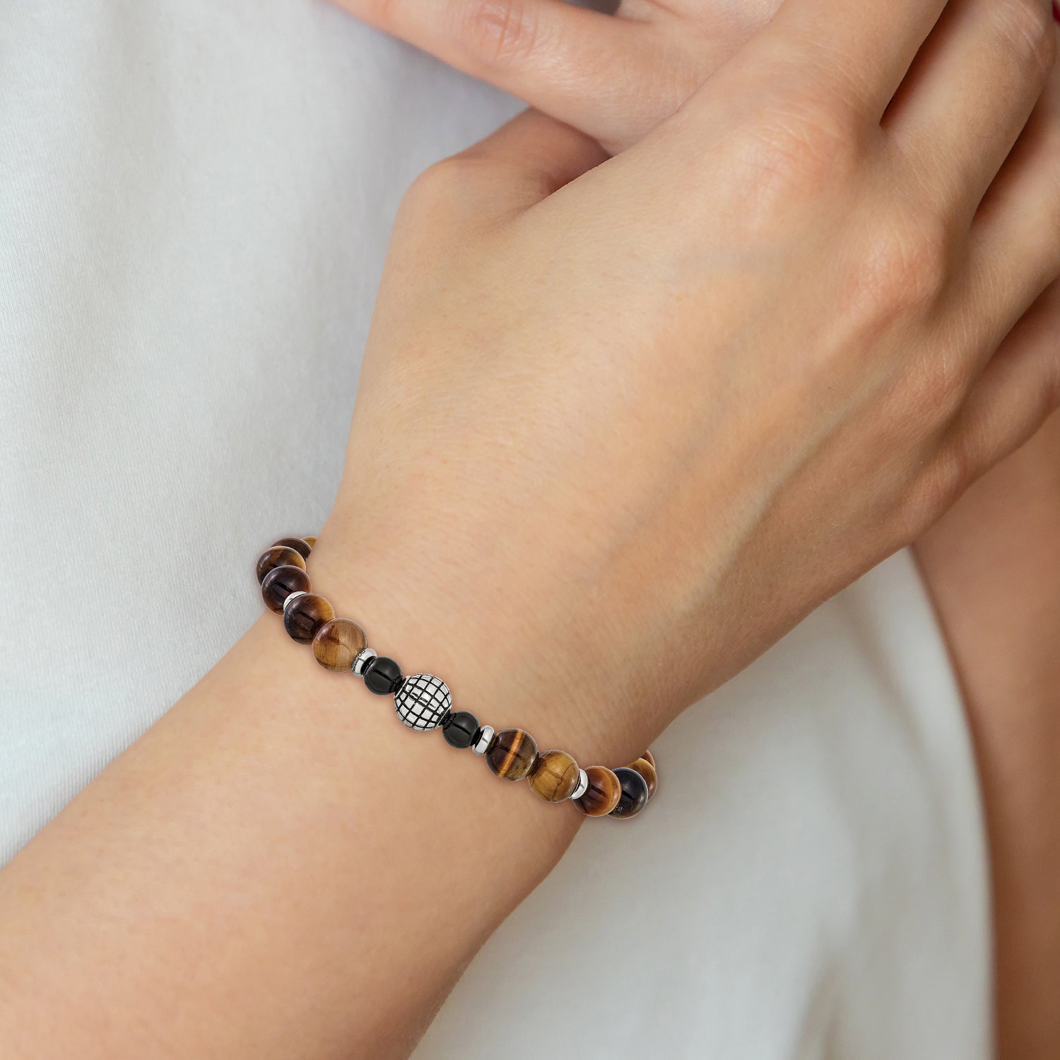 Antiqued Black Agate Stainless Steel Bracelet 8mm 7in