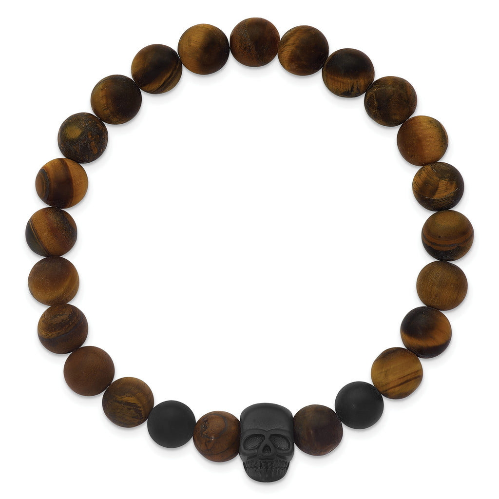 Black Ion-Plated Brushed Multi-color Tiger's Eye Skull Stainless Steel Ball (Beaded) Chain Bracelet 8.75mm