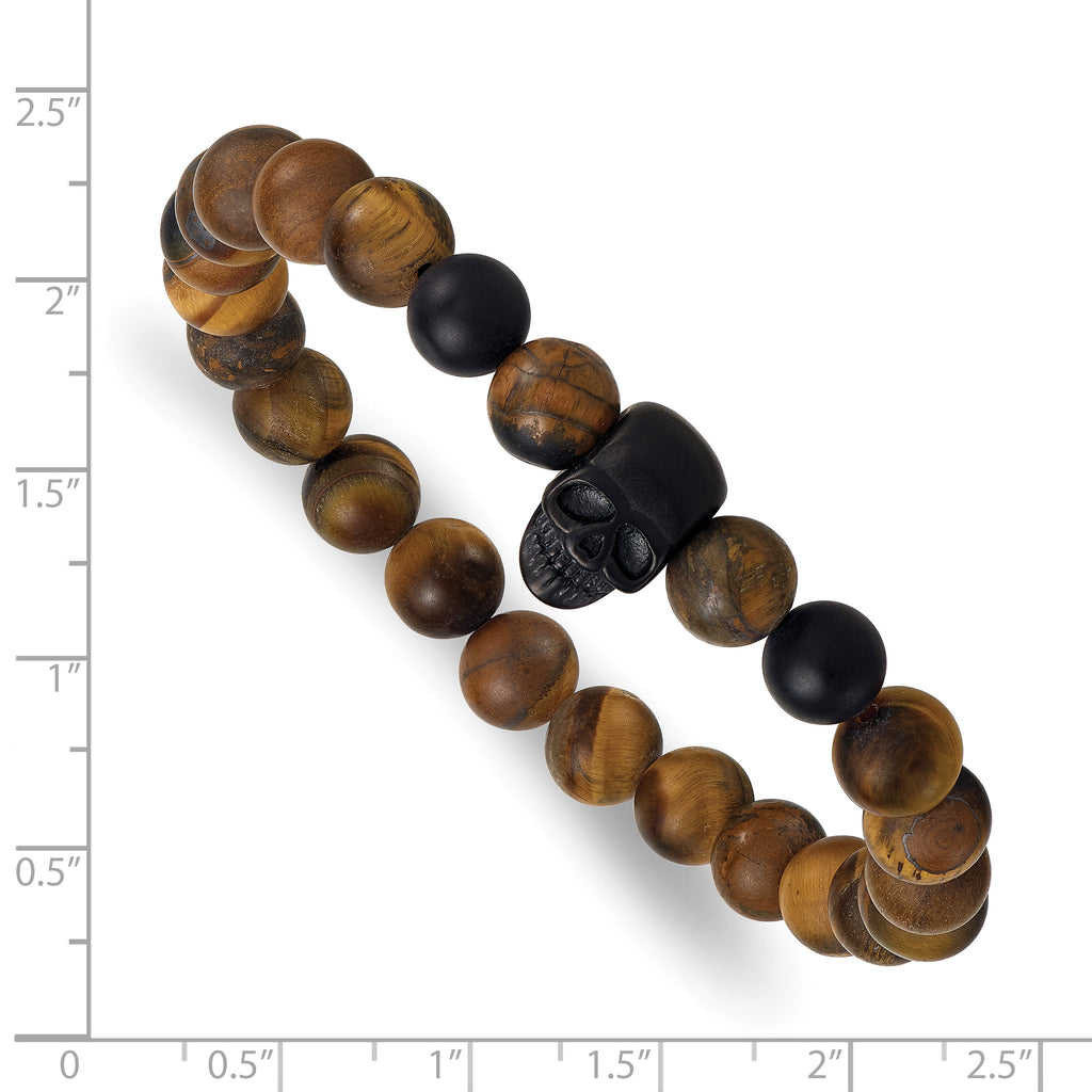 Black Ion-Plated Brushed Multi-color Tiger's Eye Skull Stainless Steel Ball (Beaded) Chain Bracelet 8.75mm