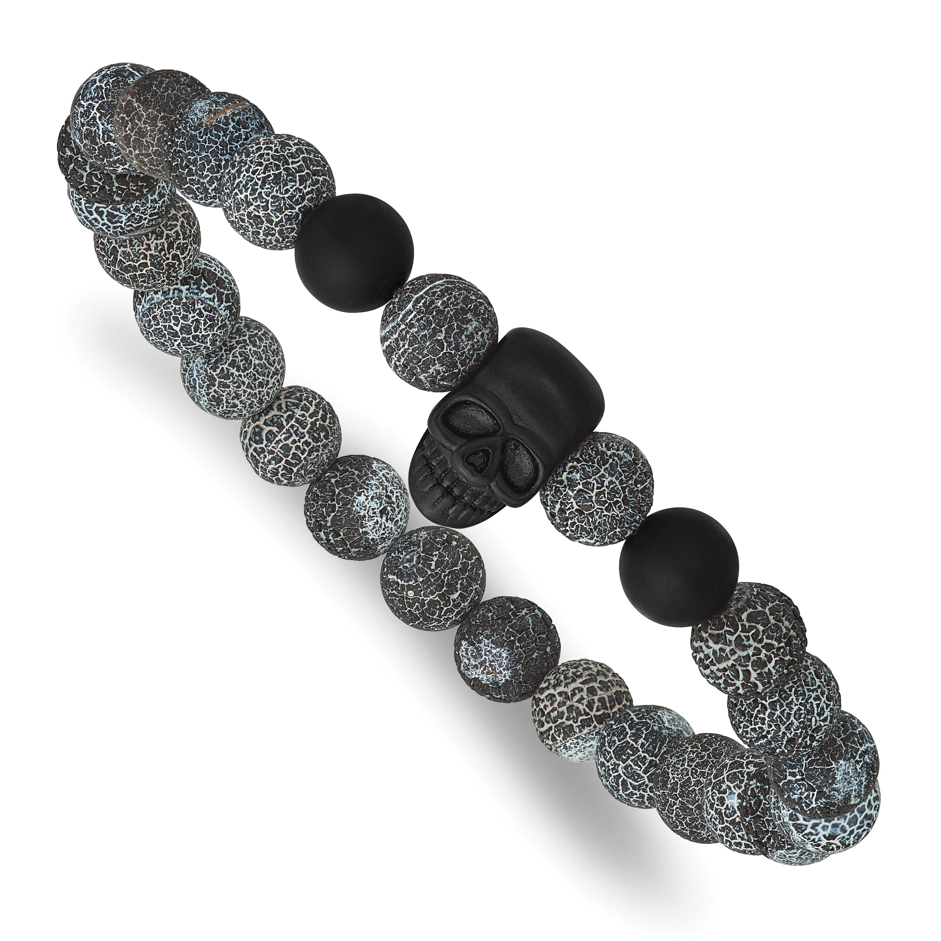 Black Ion-Plated Brushed Skull Stainless Steel Ball (Beaded) Chain Bracelet 8mm