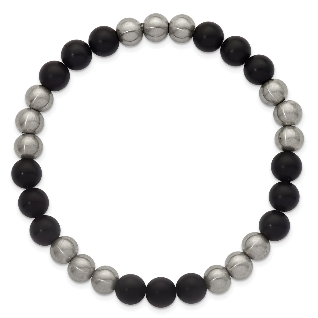 Brushed Black Onyx Stainless Steel Ball (Beaded) Chain Bracelet 8.3mm