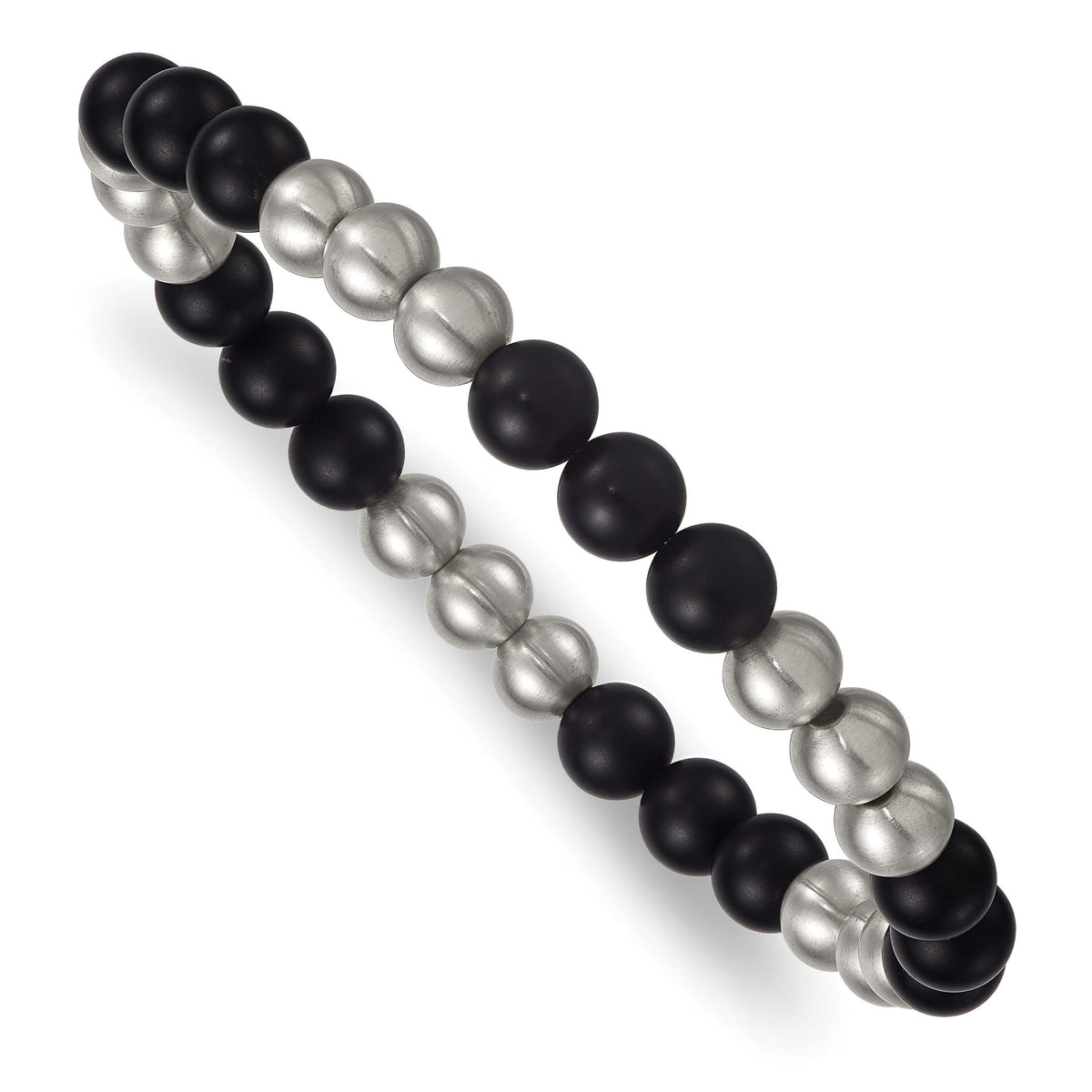 Onyx Beaded Bracelet in Stainless Steel, 8.3mm Brushed & Matte Stretch - Sophia Jewelers Main image