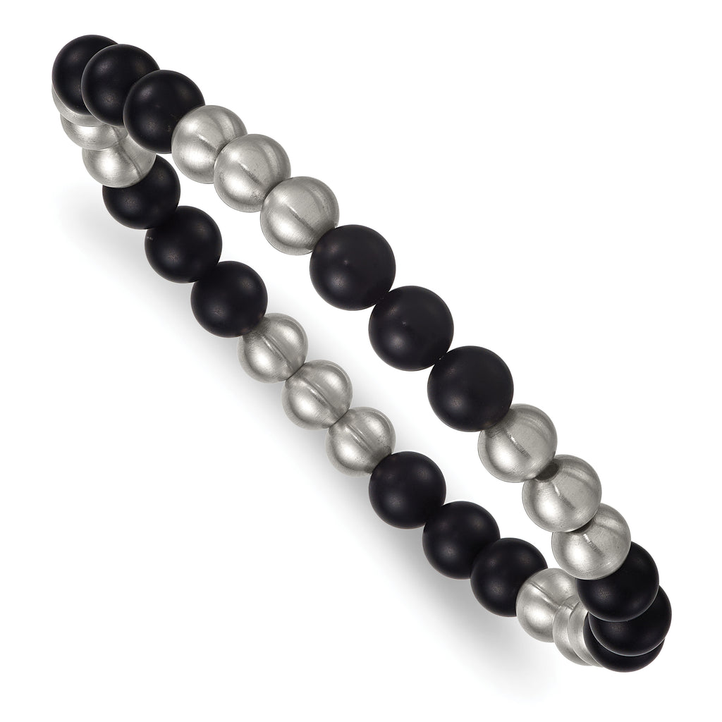 Brushed Black Onyx Stainless Steel Ball (Beaded) Chain Bracelet 8.3mm