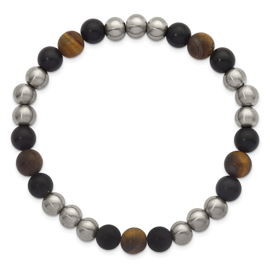 Brushed Multi-color Tiger's Eye Stainless Steel Ball (Beaded) Chain Bracelet 8.9mm