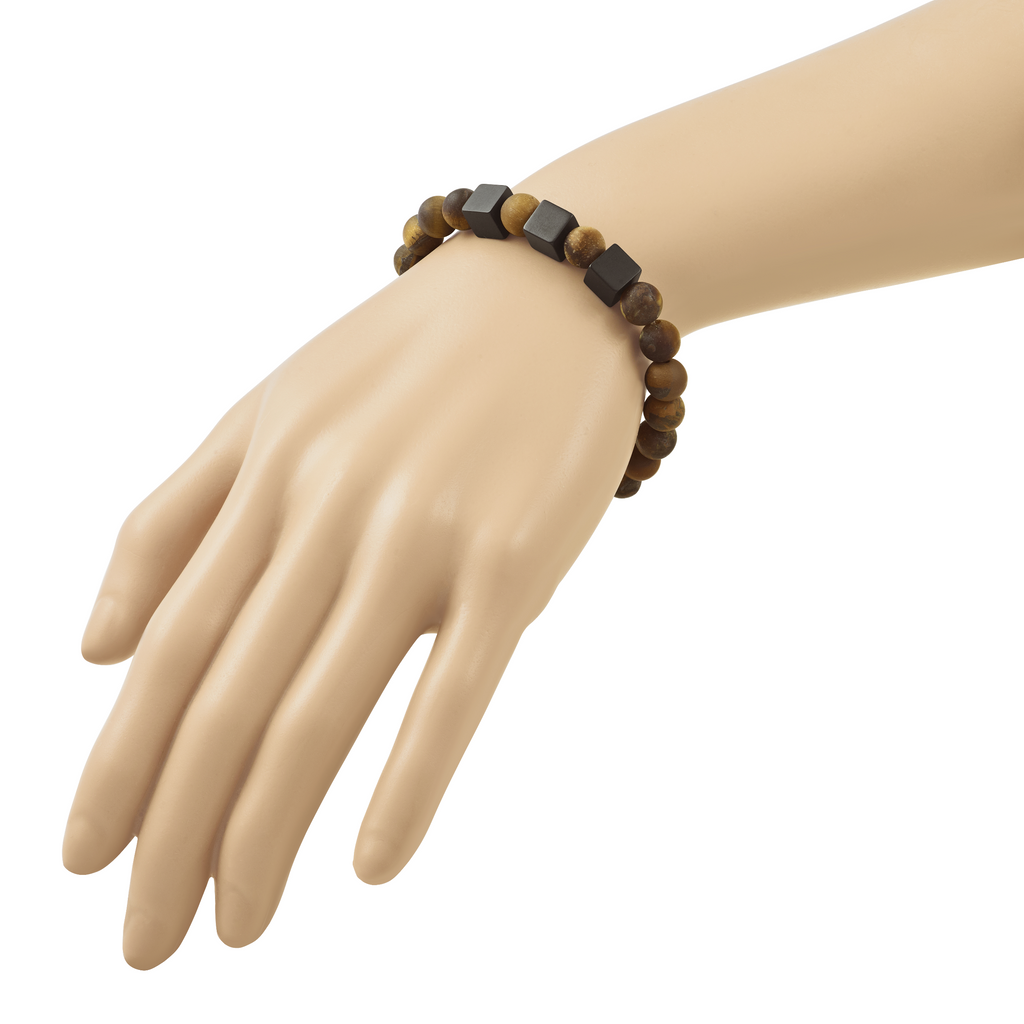 Black Ion-Plated Brushed Multi-color Tiger's Eye Stainless Steel Ball (Beaded) Chain Bracelet 8.5mm