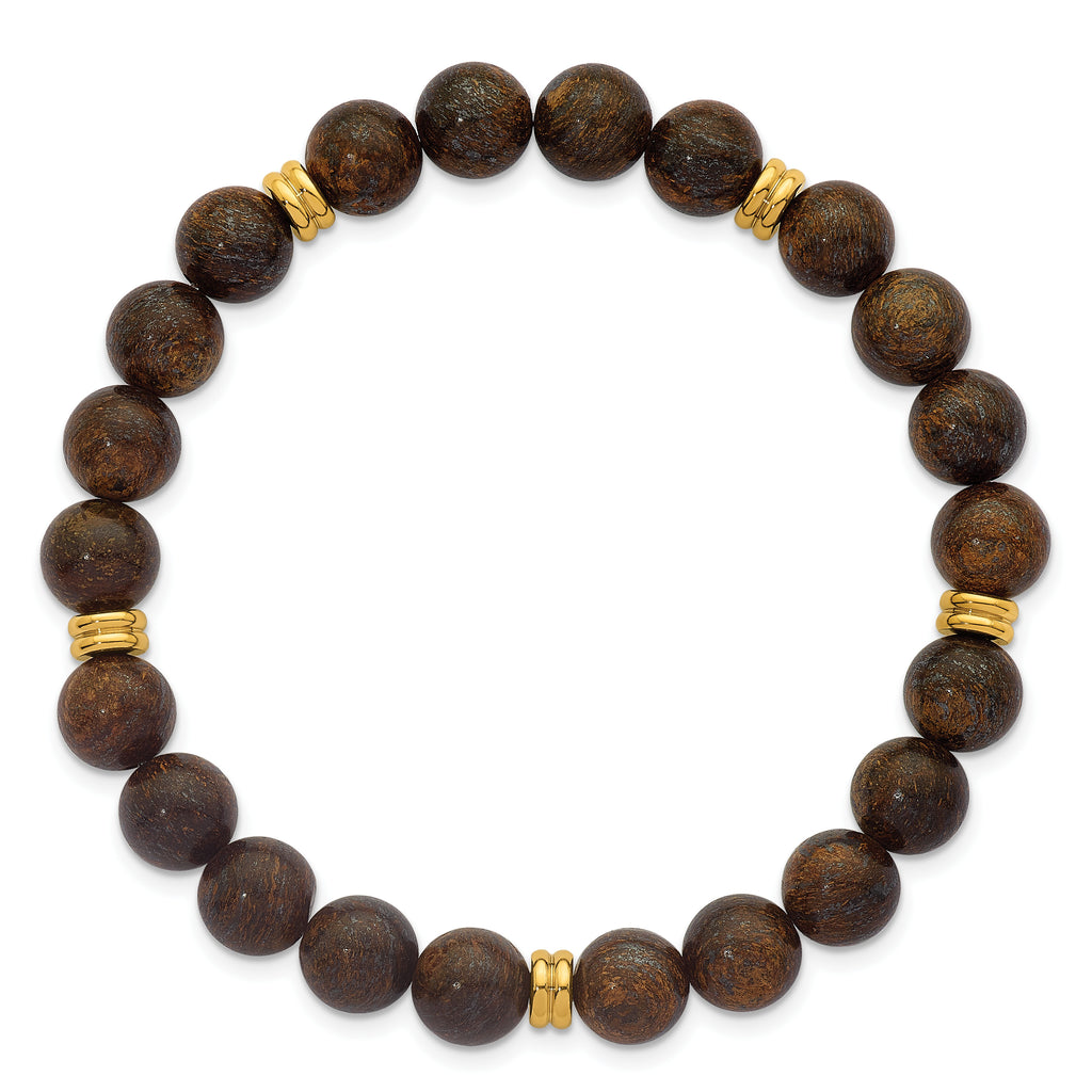 Gold-Tone Polished Brown Bronzite Stainless Steel Ball (Beaded) Chain Bracelet 8.5mm