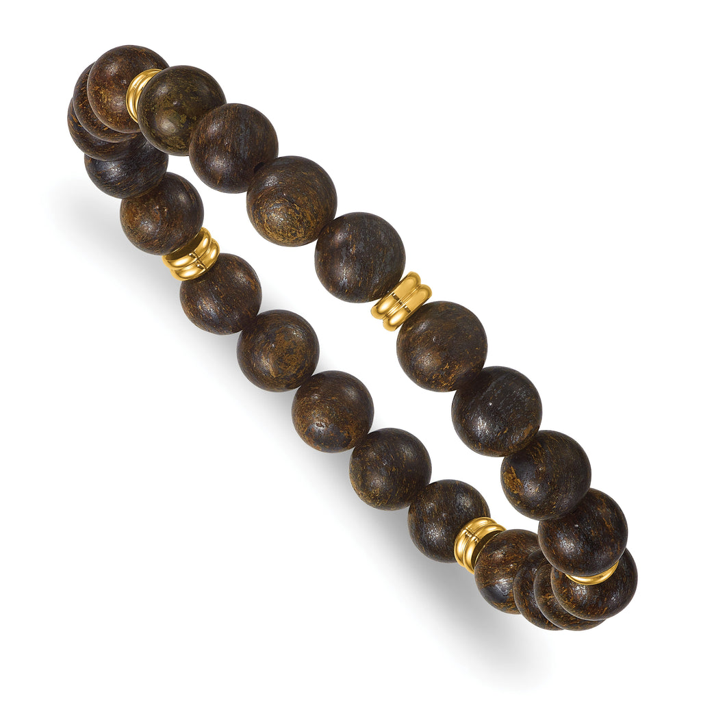 Gold-Tone Polished Brown Bronzite Stainless Steel Ball (Beaded) Chain Bracelet 8.5mm