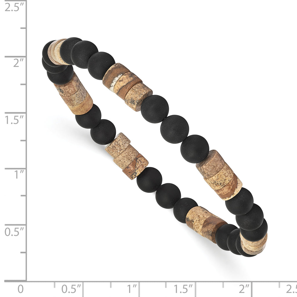 Brushed Black Onyx Stainless Steel Ball (Beaded) Chain Bracelet 6.4mm
