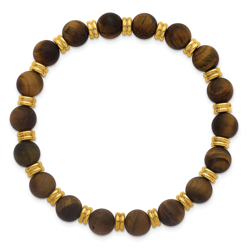 Gold-Tone Polished Multi-color Tiger's Eye Stainless Steel Ball (Beaded) Chain Bracelet 8.5mm