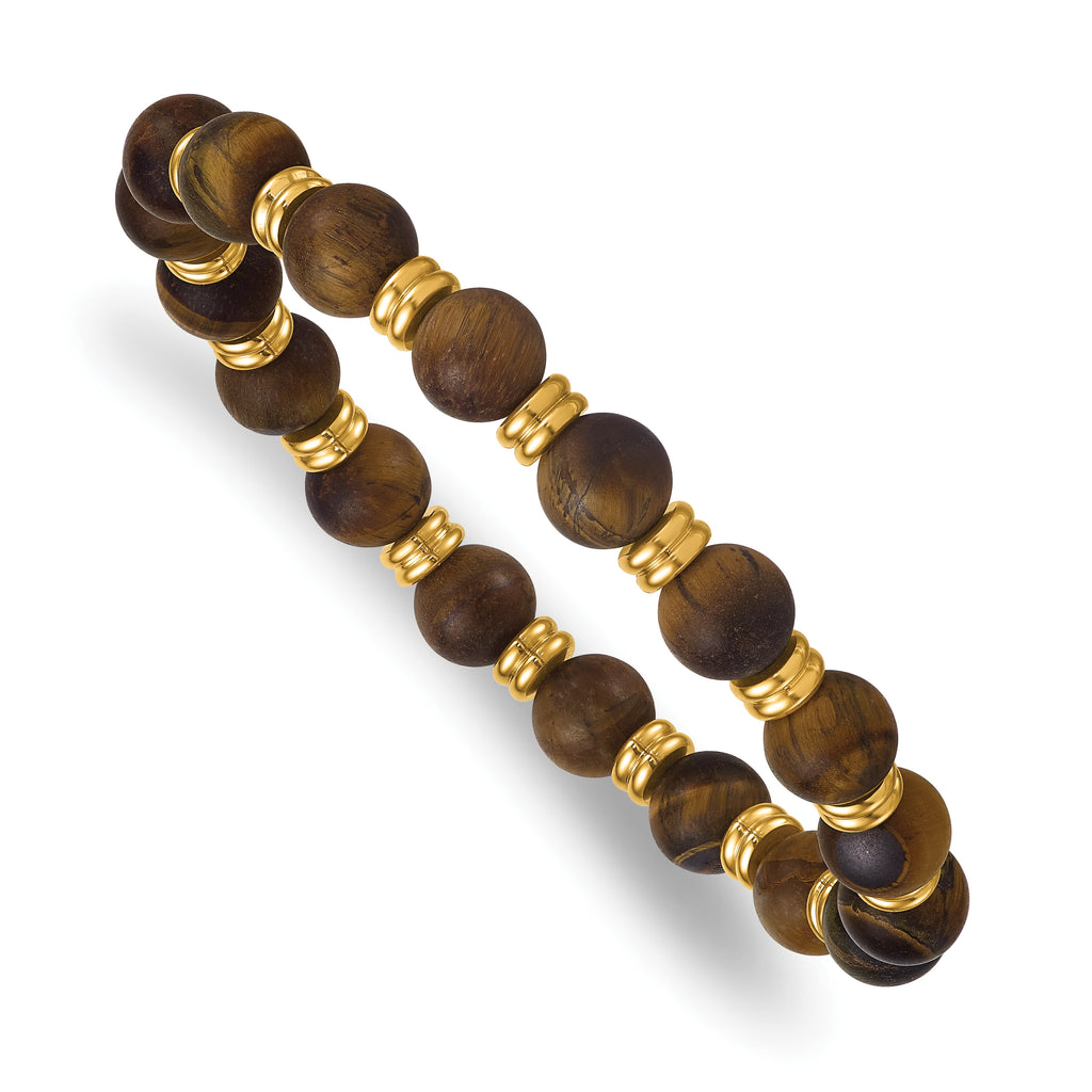 Gold-Tone Polished Multi-color Tiger's Eye Stainless Steel Ball (Beaded) Chain Bracelet 8.5mm