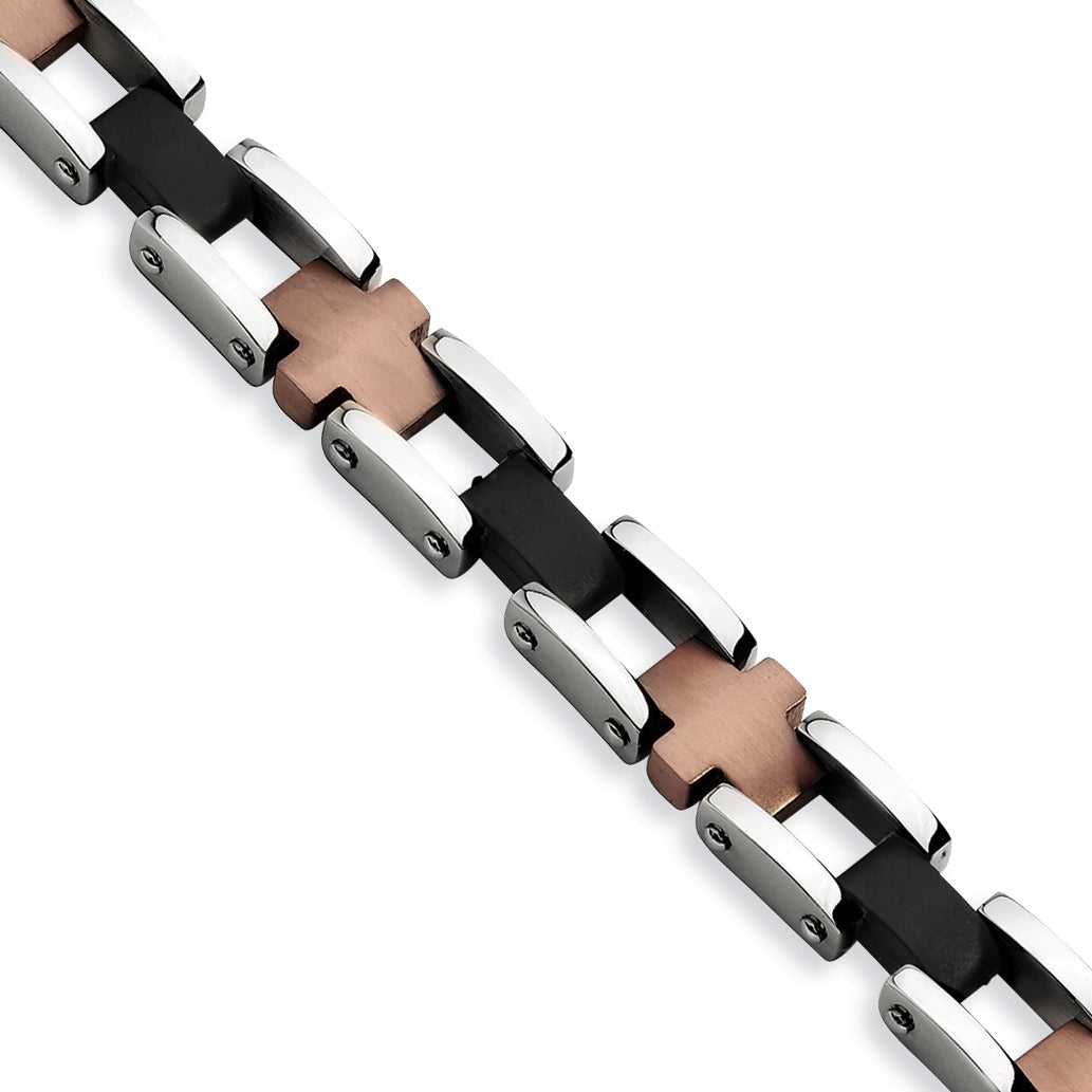 Stainless Steel Brushed and Polished Black and Brown IP-plated Cross Link Bracelet for Men Main image