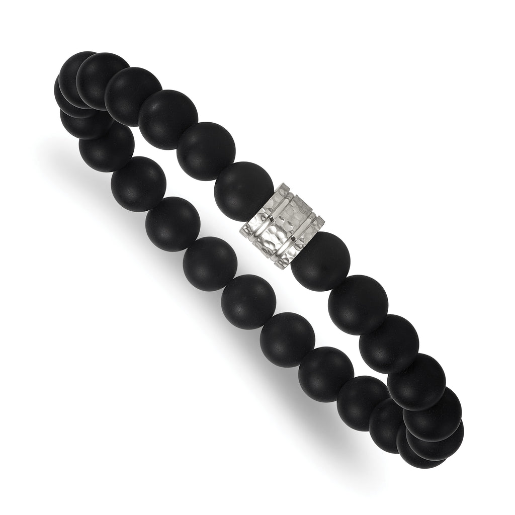 Hammered Black Onyx Stainless Steel Ball (Beaded) Chain Bracelet 8.3mm