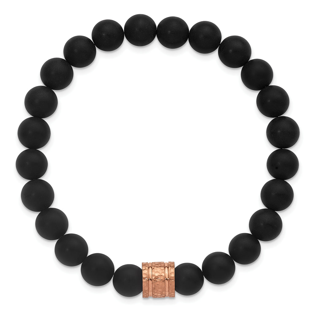 Rose-Tone Hammered Black Onyx Stainless Steel Ball (Beaded) Chain Bracelet 8.3mm