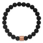 Rose-Tone Hammered Black Onyx Stainless Steel Ball (Beaded) Chain Bracelet 8.3mm