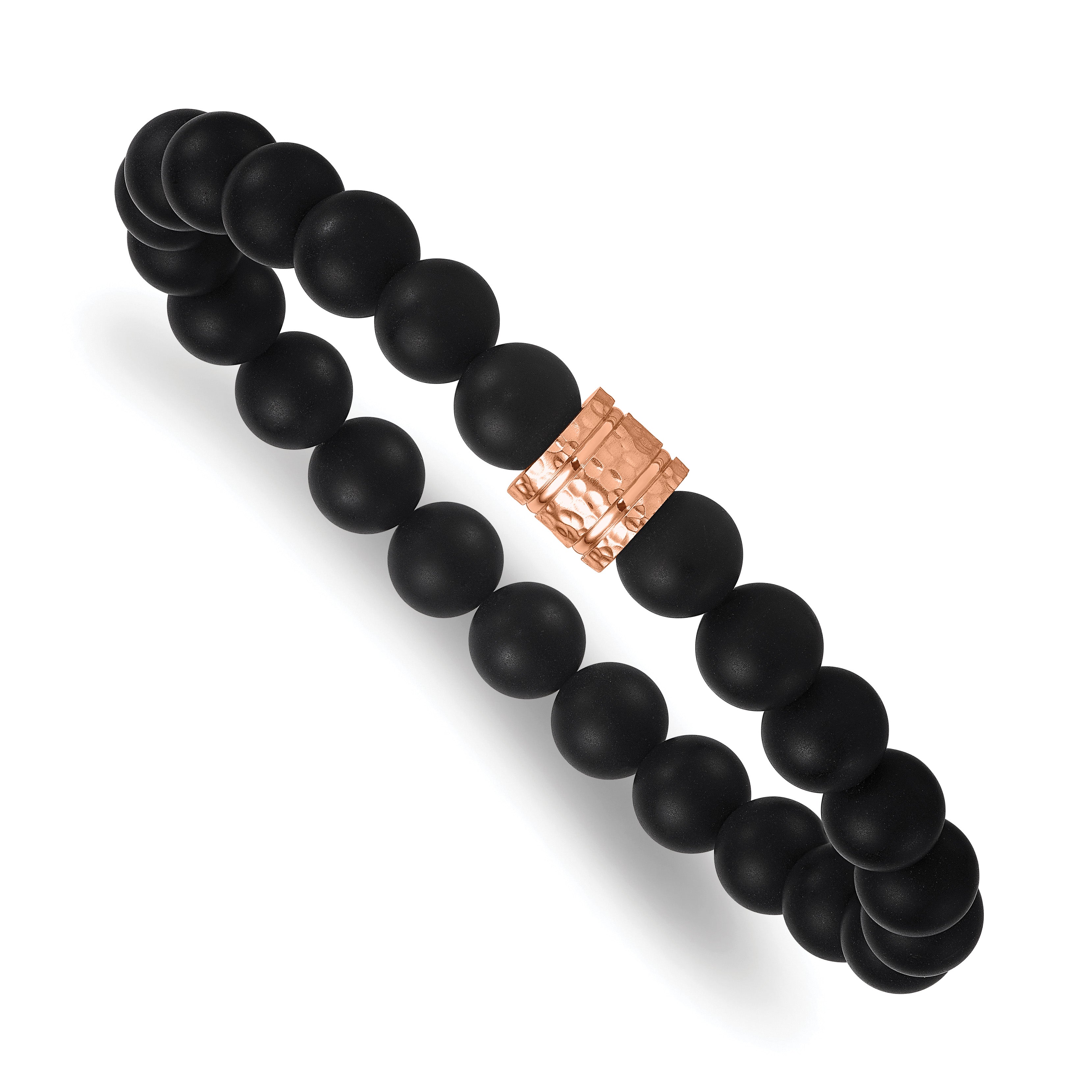Rose-Tone Hammered Black Onyx Stainless Steel Ball (Beaded) Chain Bracelet 8.3mm