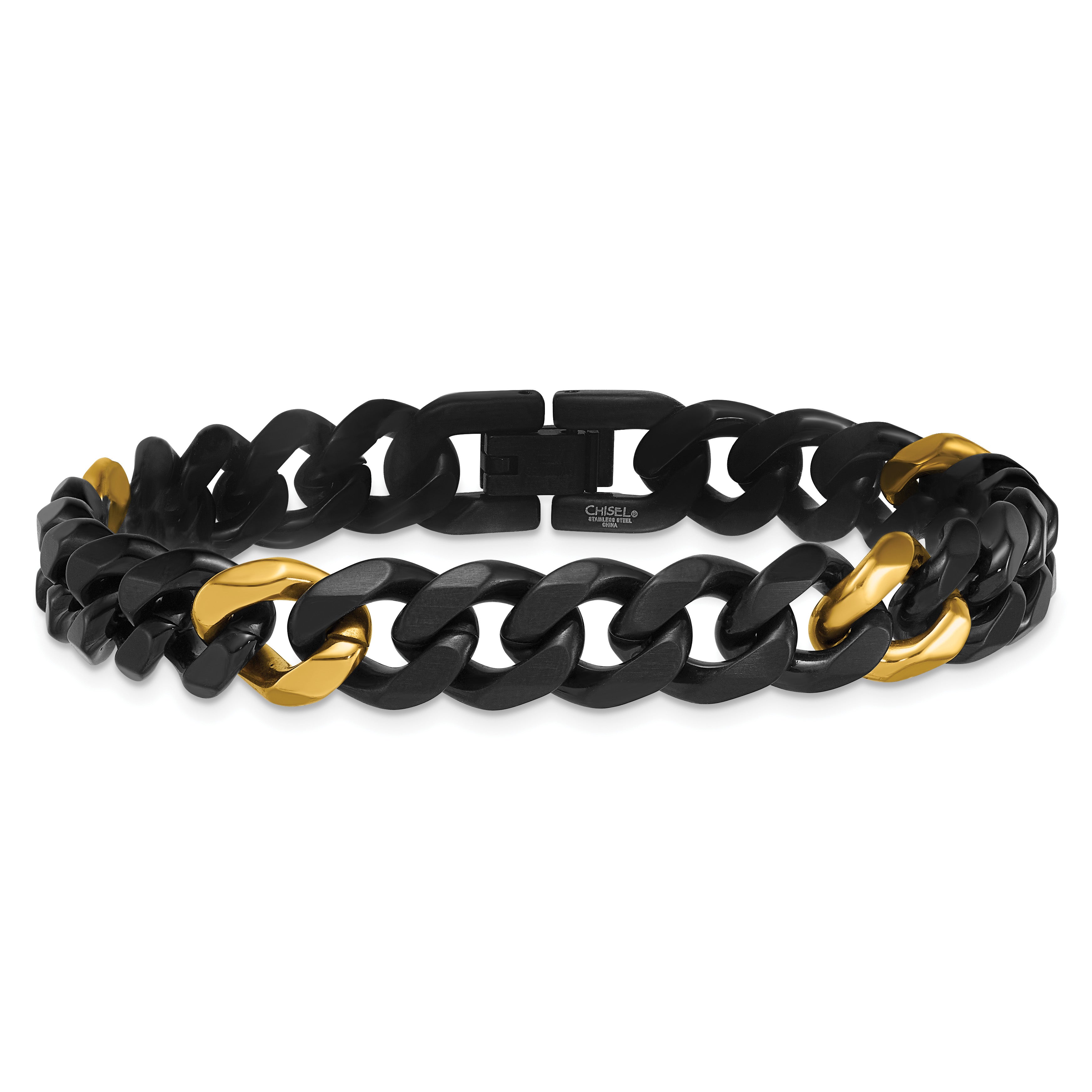 Brushed and Polished Gold-Tone Stainless Steel Cuban Chain Bracelet 10.5mm
