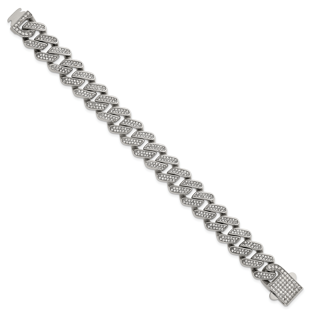Polished Crystal Stainless Steel Cuban Chain Bracelet 15mm
