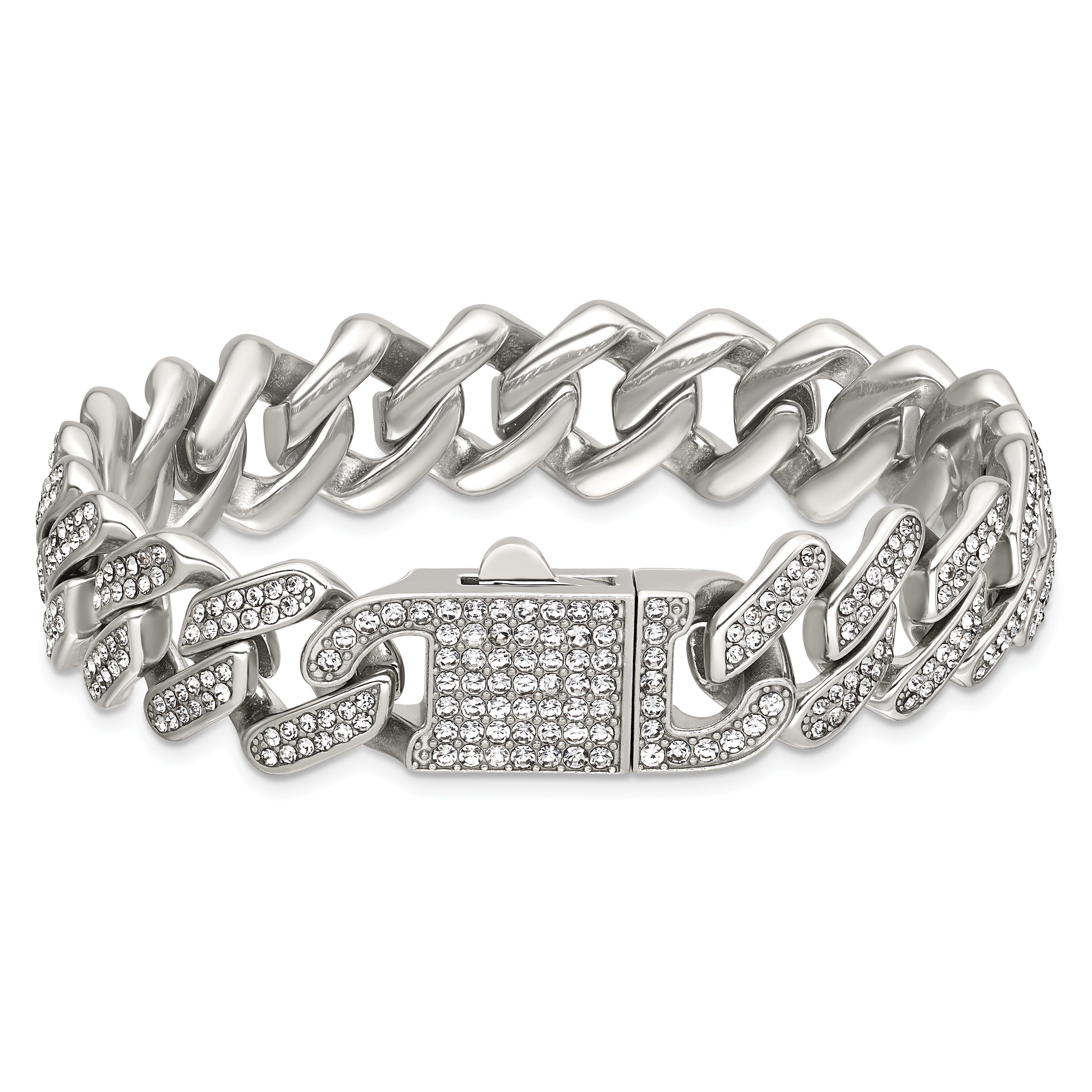 Polished Crystal Stainless Steel Cuban Chain Bracelet 15mm