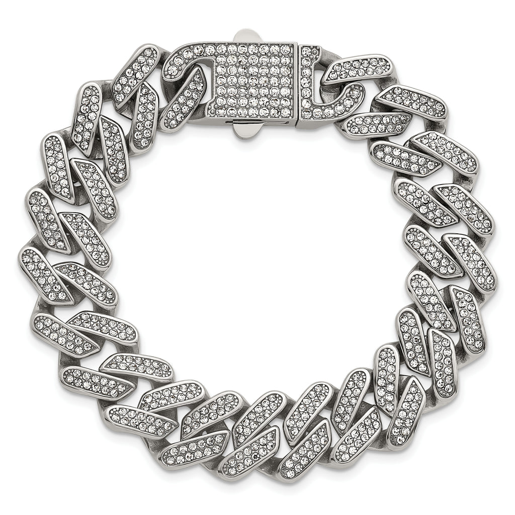 Polished Crystal Stainless Steel Cuban Chain Bracelet 15mm