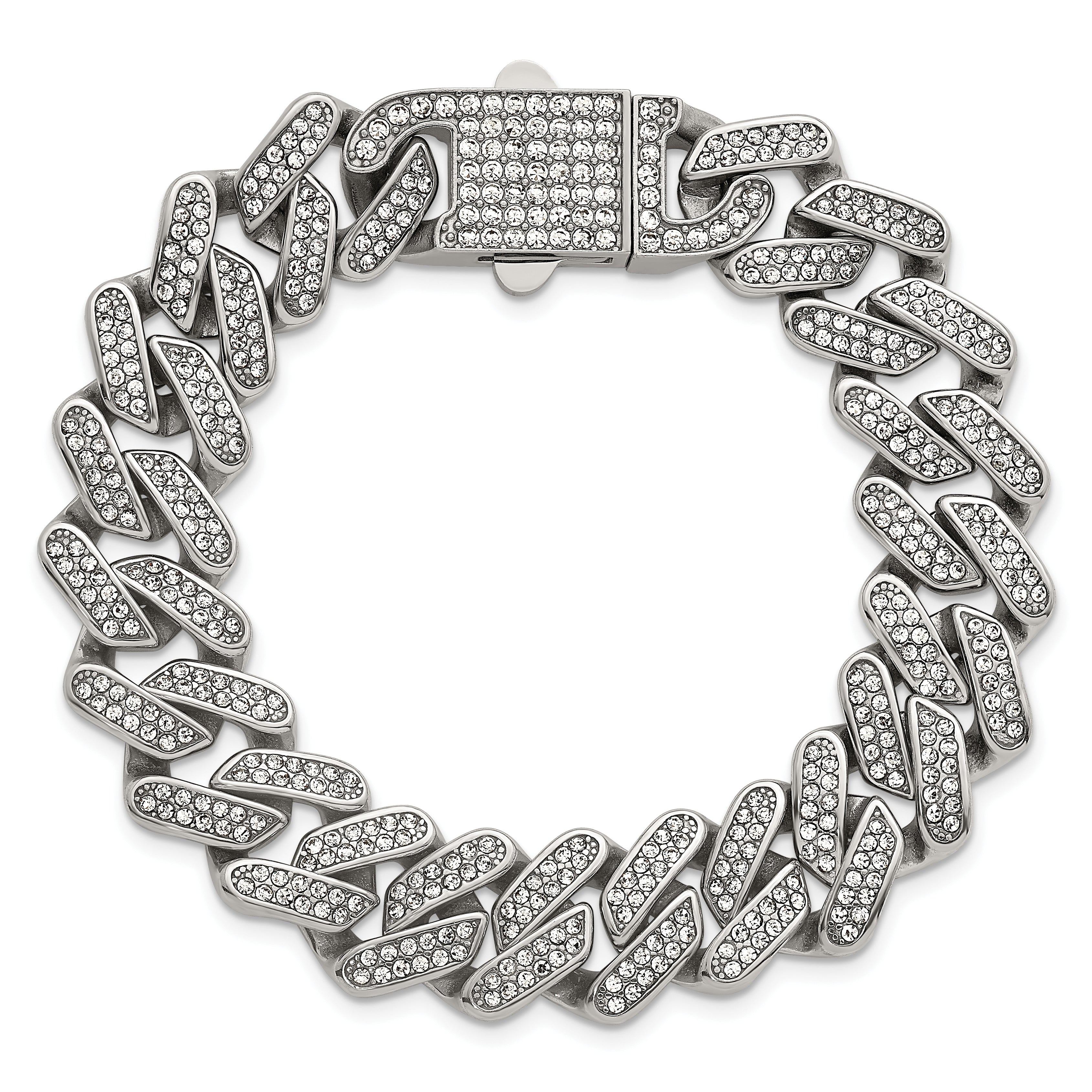 Polished Crystal Stainless Steel Cuban Chain Bracelet 15mm