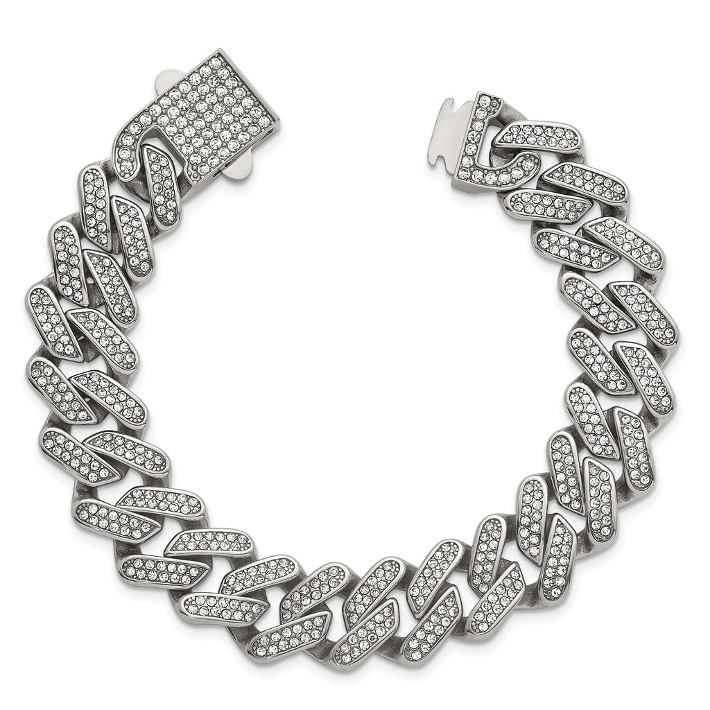 Polished Crystal Stainless Steel Cuban Chain Bracelet 15mm