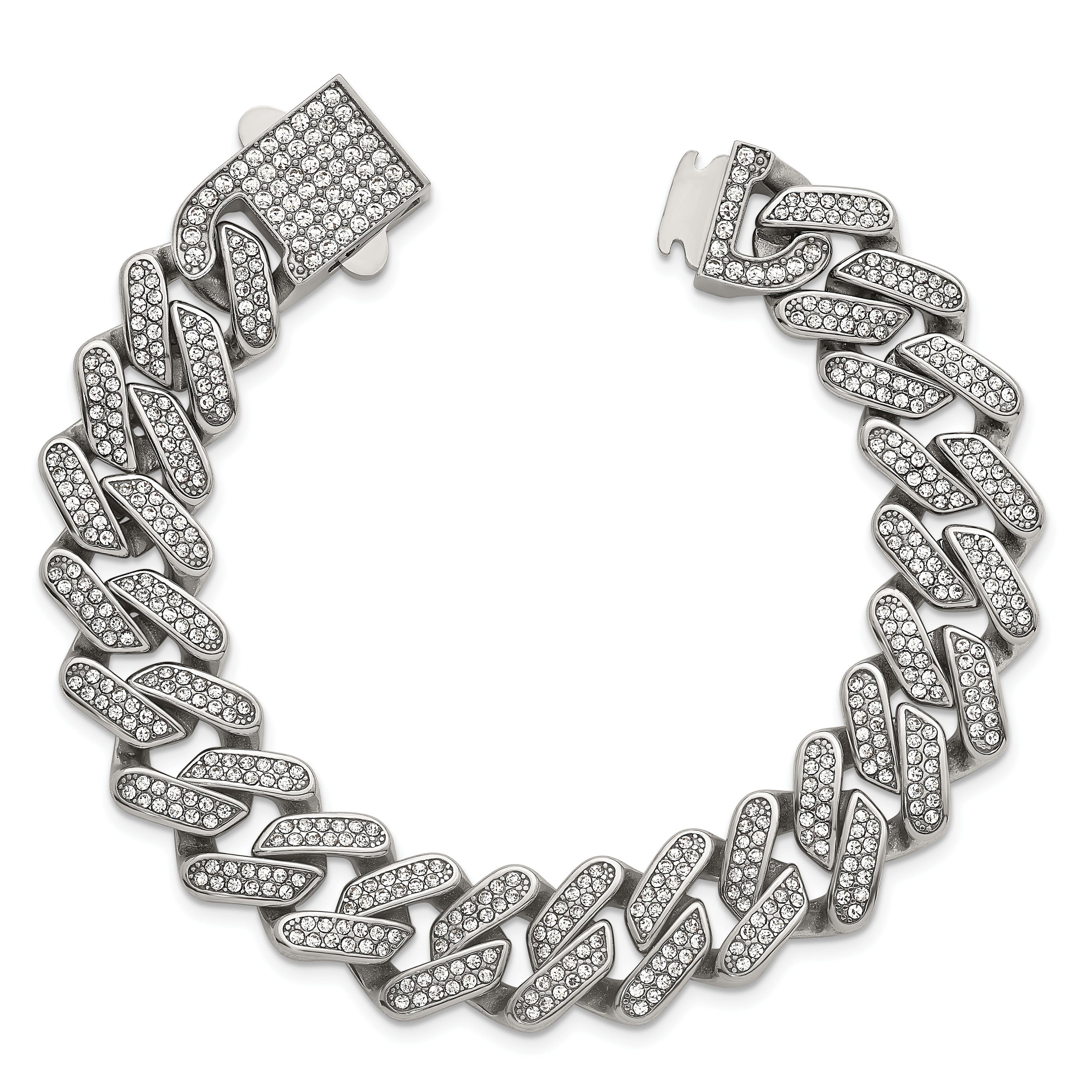 Polished Crystal Stainless Steel Cuban Chain Bracelet 15mm