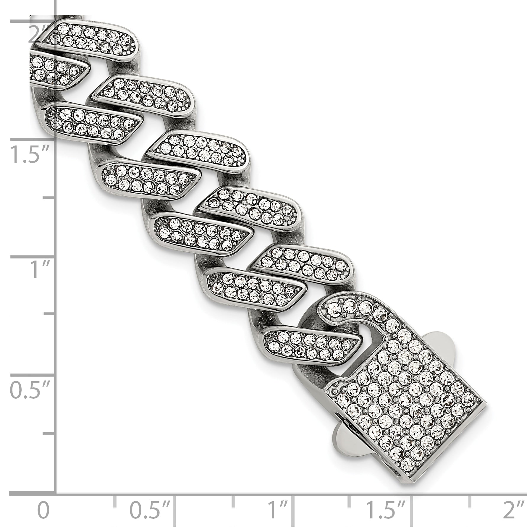 Polished Crystal Stainless Steel Cuban Chain Bracelet 15mm