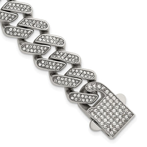 Polished Crystal Stainless Steel Cuban Chain Bracelet 15mm