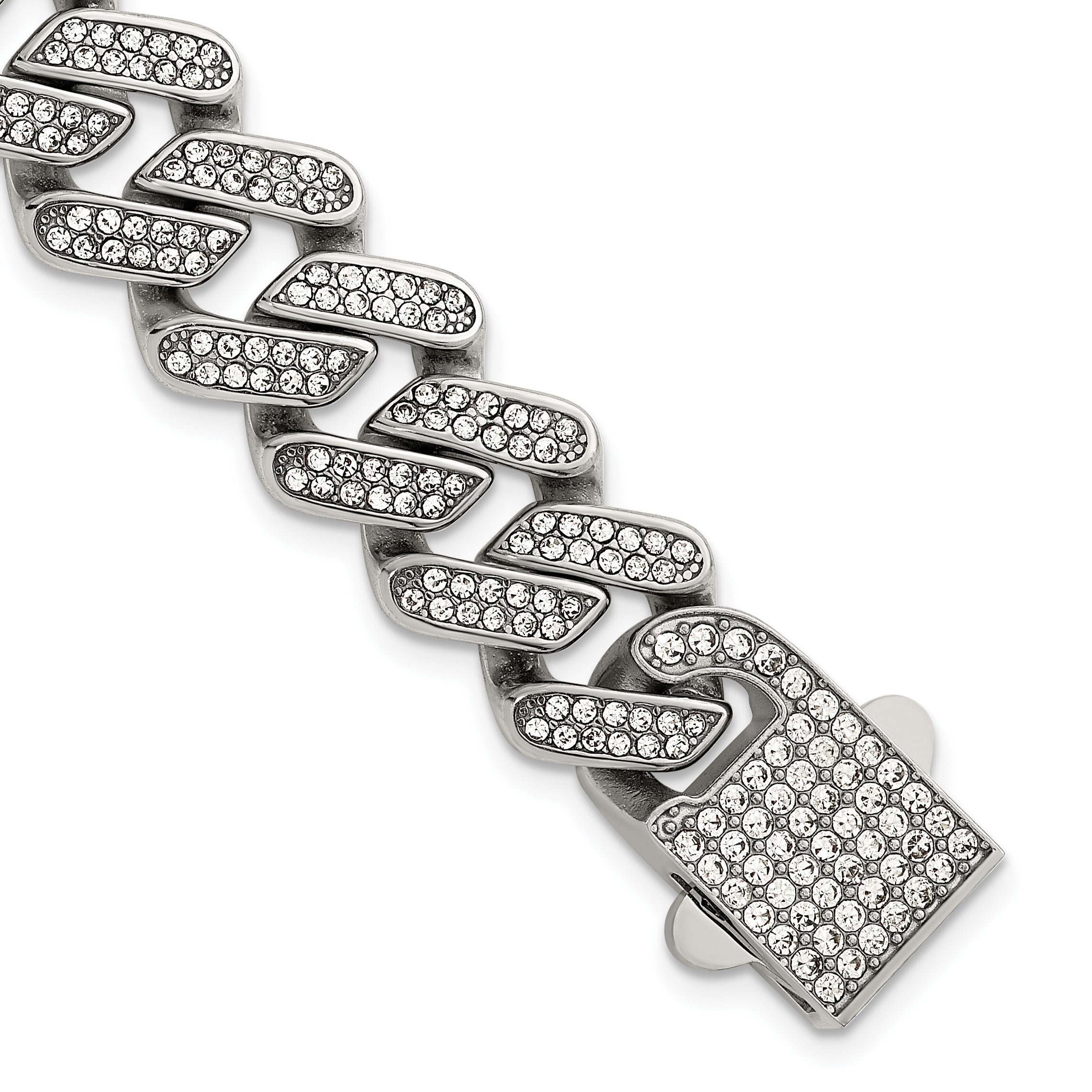 Polished Crystal Stainless Steel Cuban Chain Bracelet 15mm