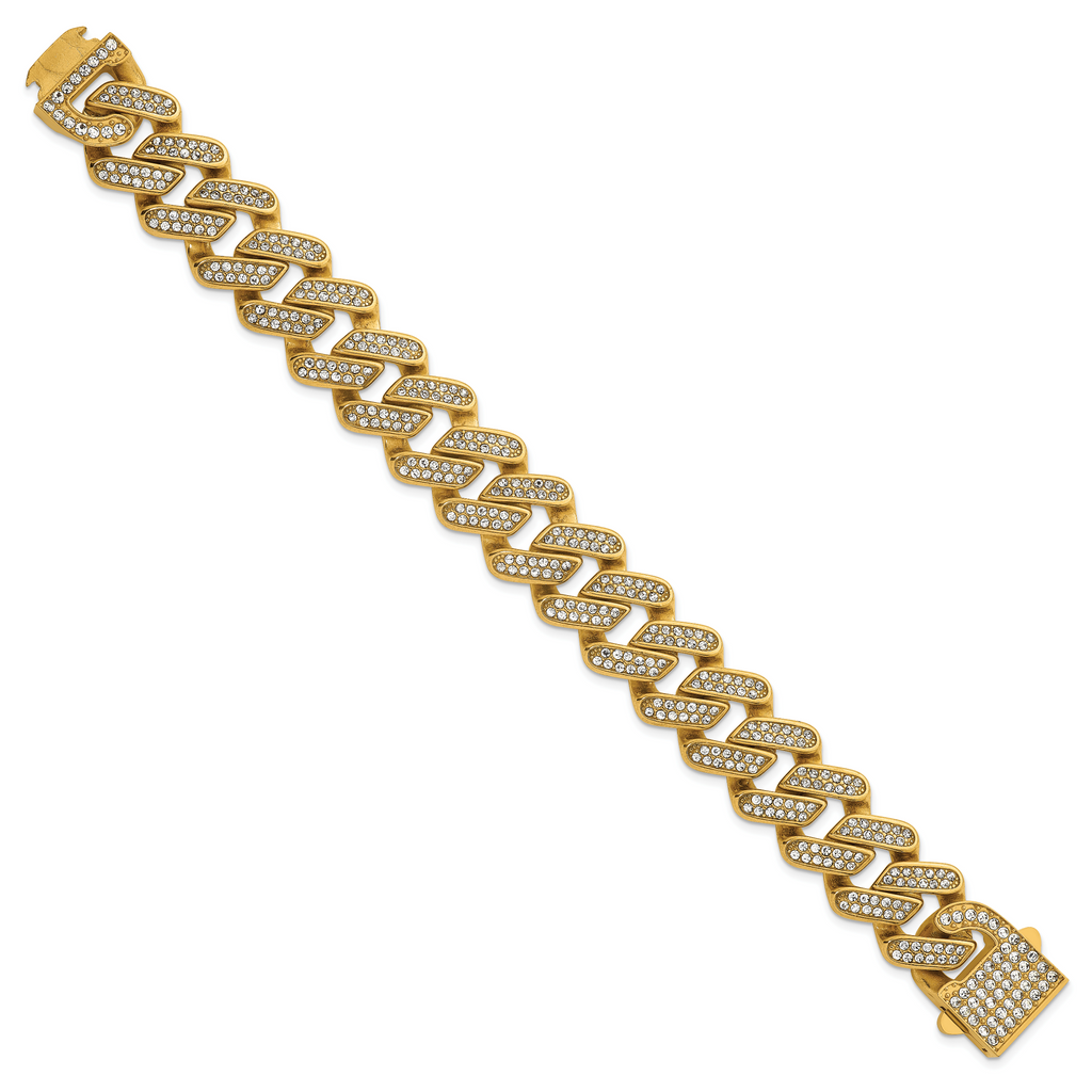 Gold-Tone Polished Crystal Stainless Steel Cuban Chain Bracelet 19mm