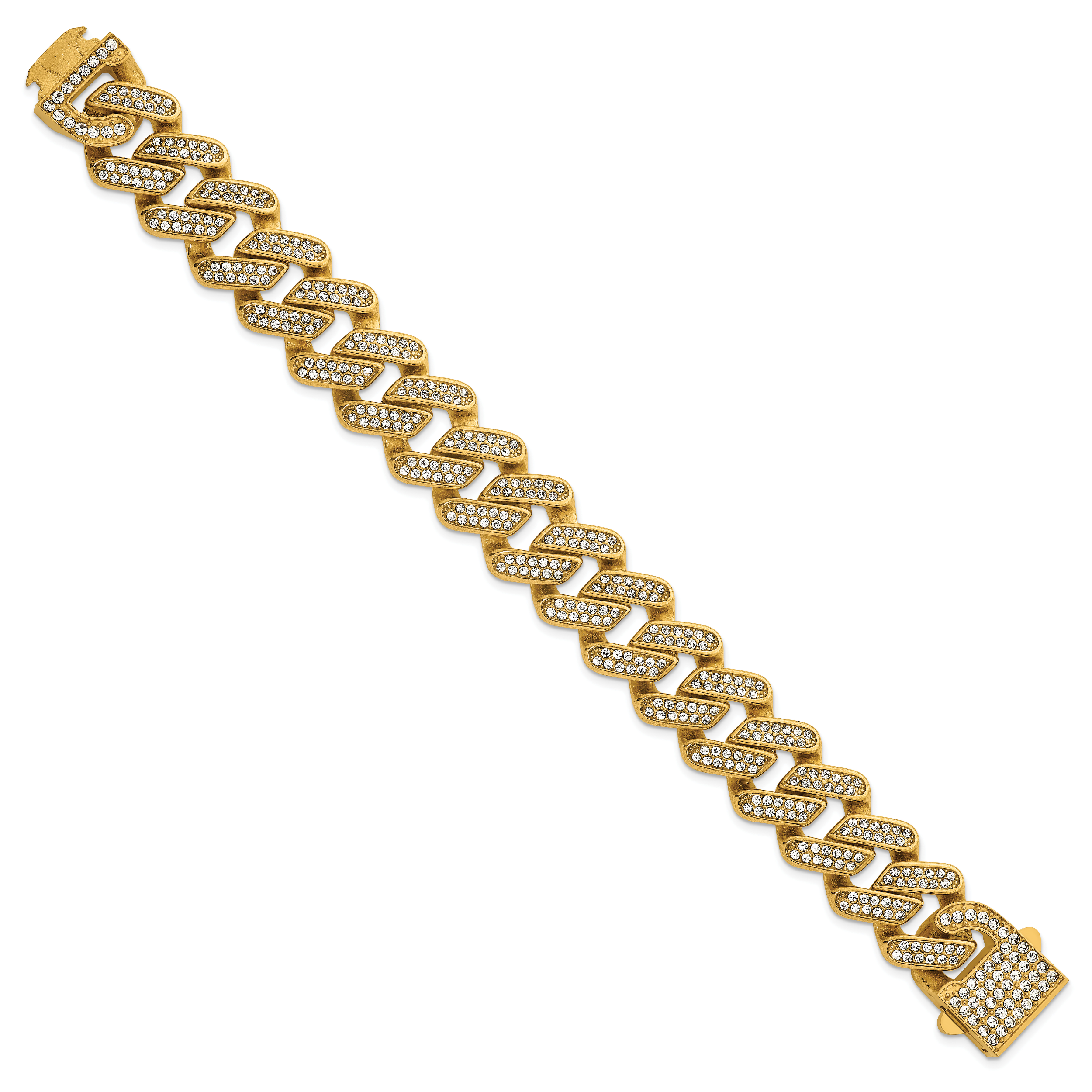 Gold-Tone Polished Crystal Stainless Steel Cuban Chain Bracelet 19mm