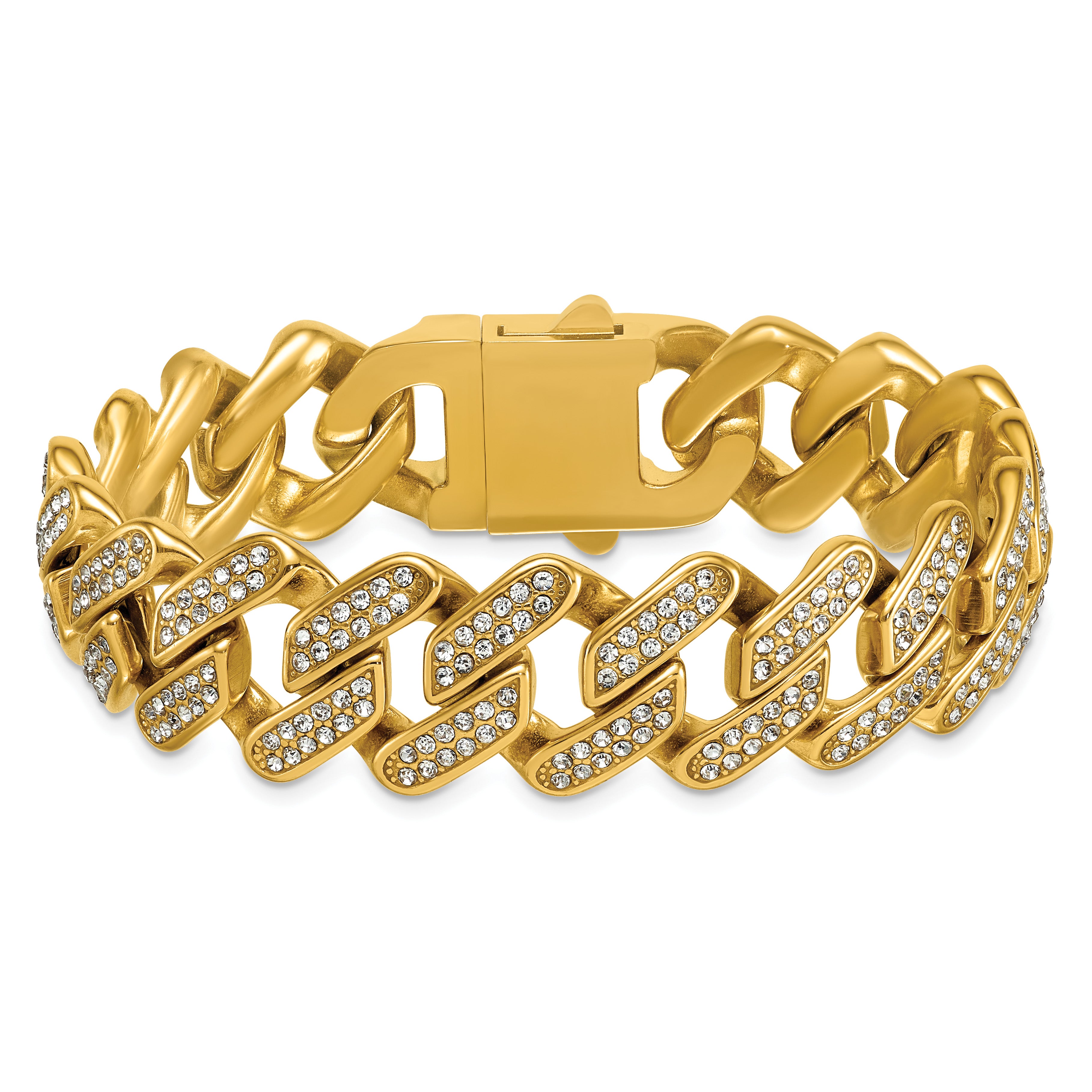 Gold-Tone Polished Crystal Stainless Steel Cuban Chain Bracelet 19mm