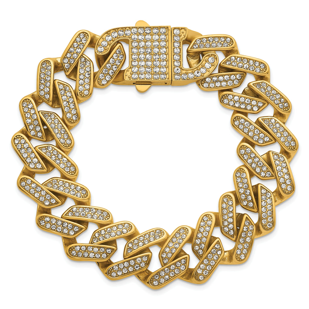 Gold-Tone Polished Crystal Stainless Steel Cuban Chain Bracelet 19mm
