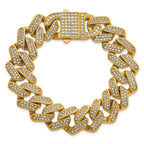 Gold-Tone Polished Crystal Stainless Steel Cuban Chain Bracelet 19mm