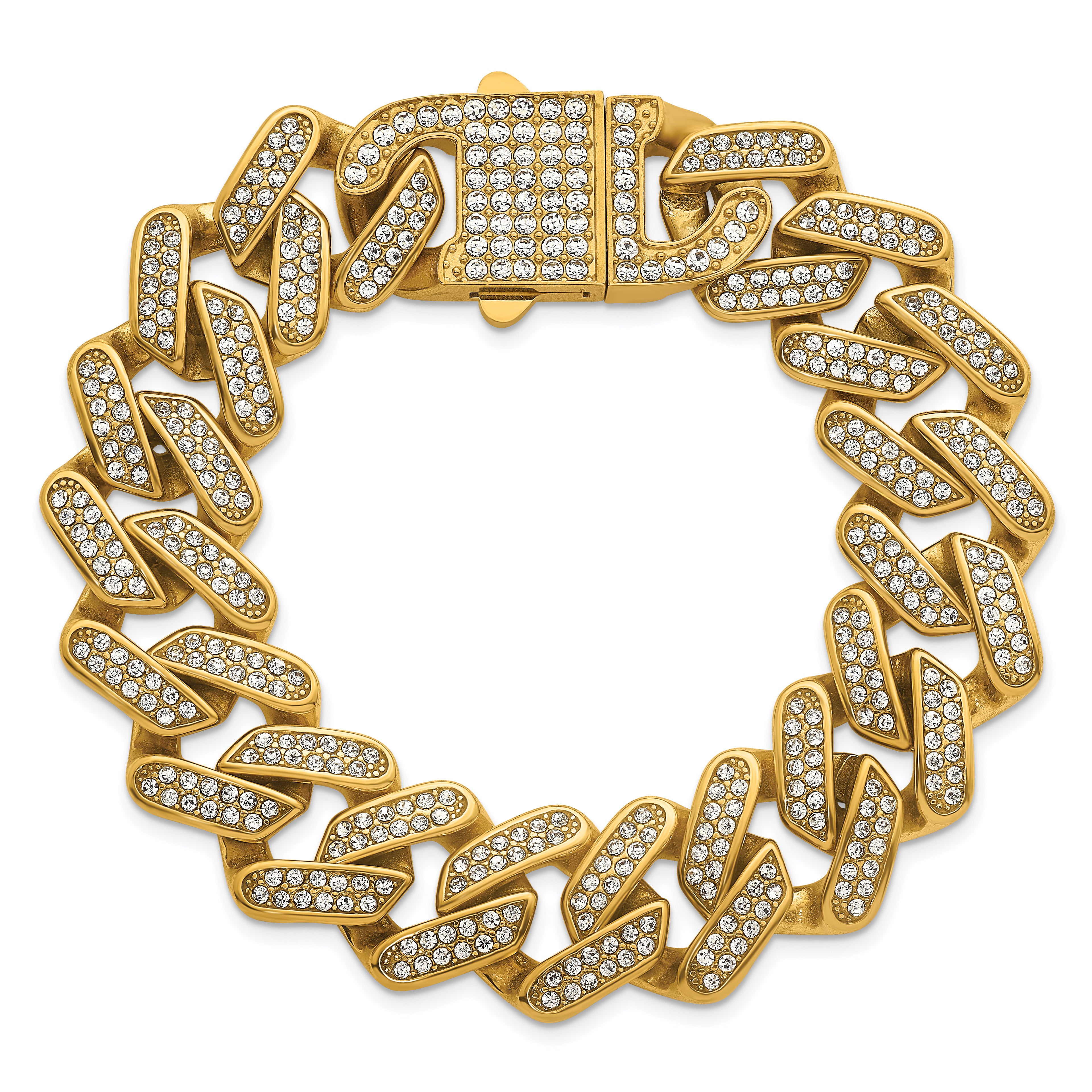 Gold-Tone Polished Crystal Stainless Steel Cuban Chain Bracelet 19mm