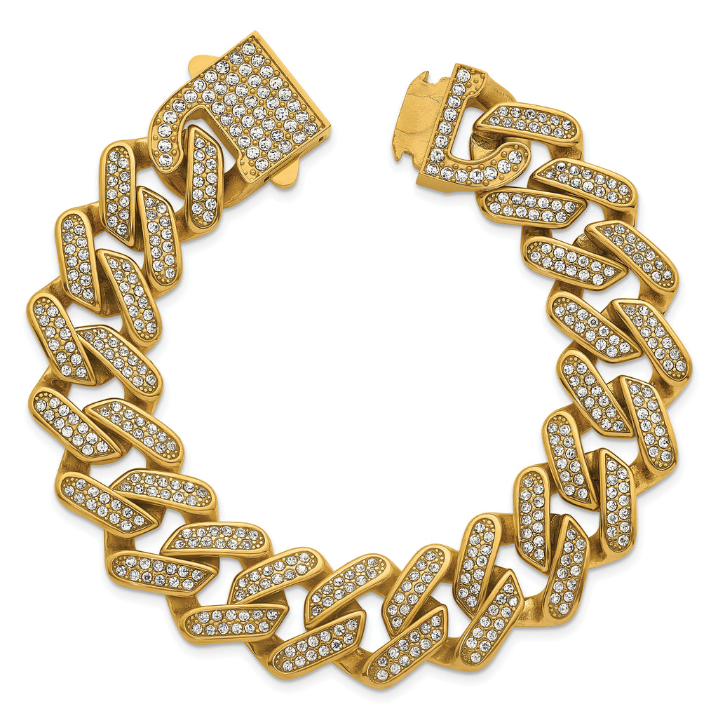 Gold-Tone Polished Crystal Stainless Steel Cuban Chain Bracelet 19mm